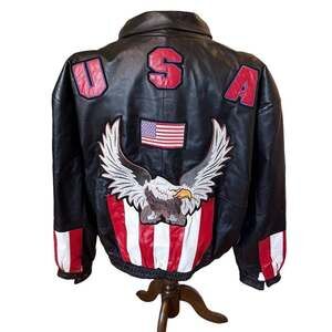 Diamond Plate USA American Flag Eagle Black Leather Biker Jacket Size 3XL